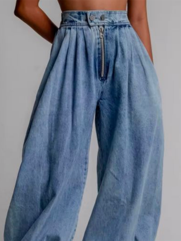 Loose buttoned zip solid denim jean trousers for women - 2