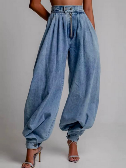 Loose buttoned zip solid denim jean trousers for women - 1