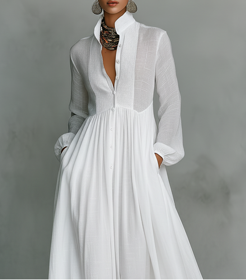 Minimalist patchwork high-collar maxi dress for women | Elindra -3