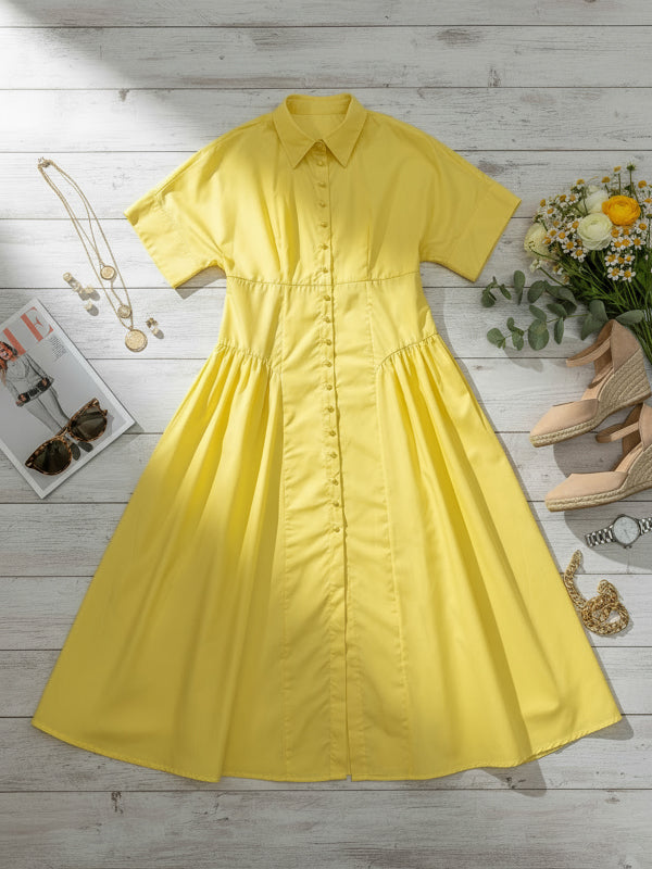 Short-sleeve loose pleated lapel midi shirt dress for women - 7