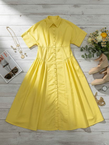 Short-sleeve loose pleated lapel midi shirt dress for women - 7