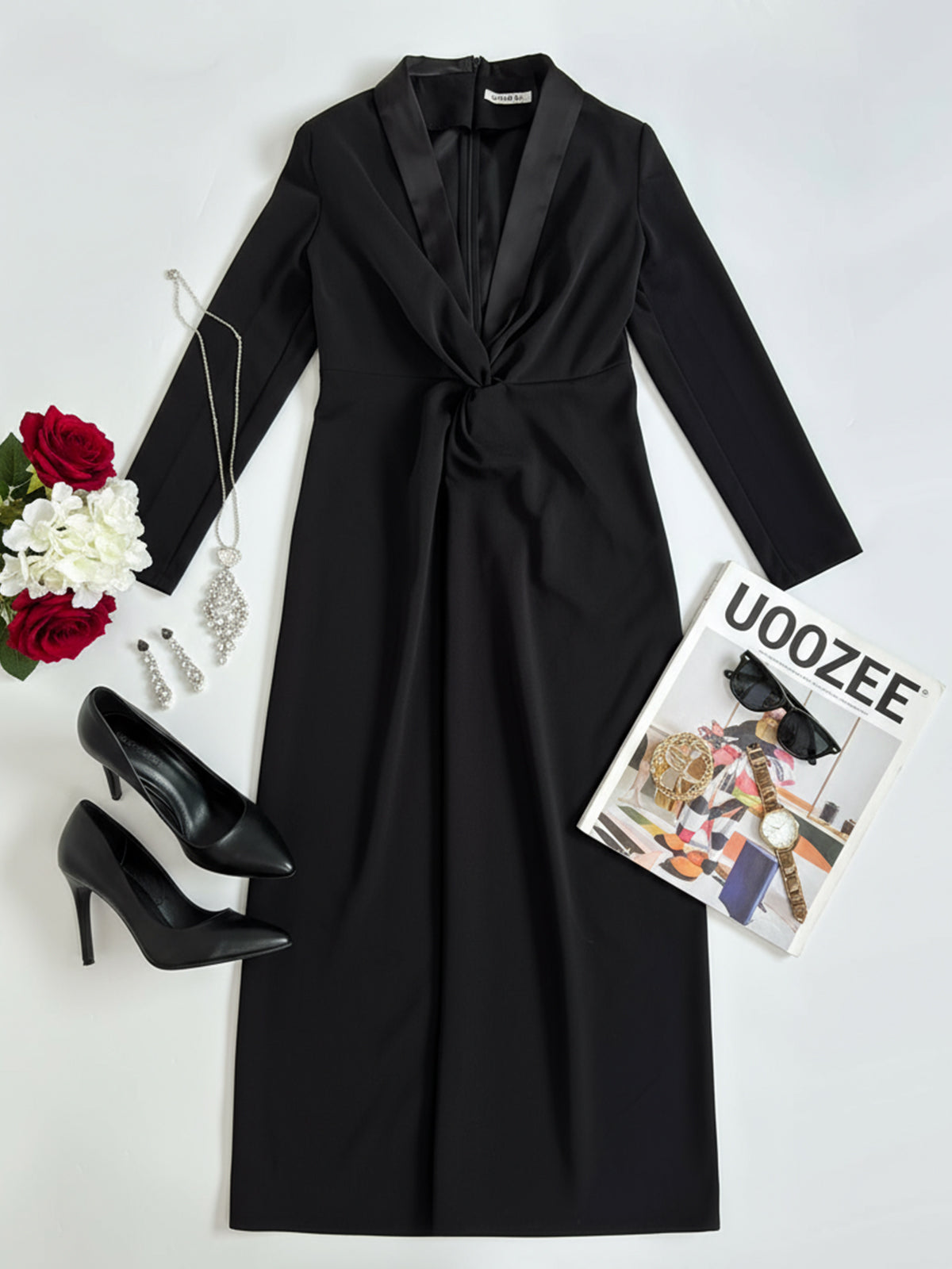 Long-sleeve skinny deep V-neck solid maxi dress for women - 5