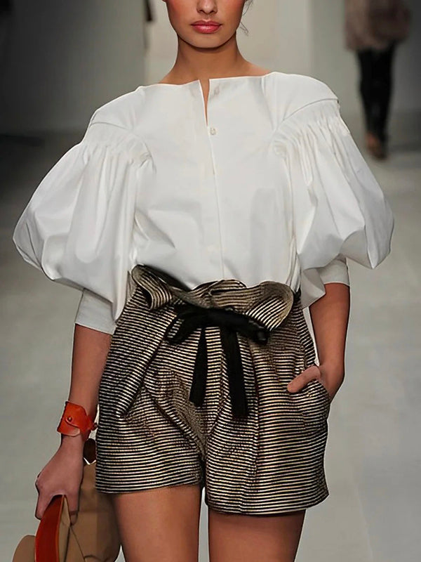 Puff-sleeve buttoned solid-colour blouse for women - 7