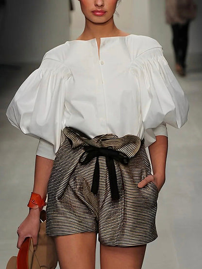 Puff-sleeve buttoned solid-colour blouse for women - 7