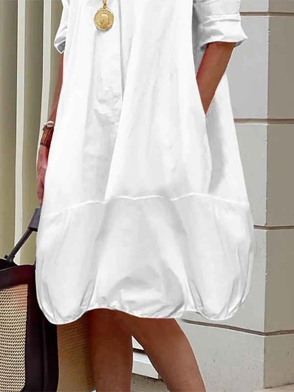 Long-sleeve loose solid lapel collar midi shirt dress for women - 5