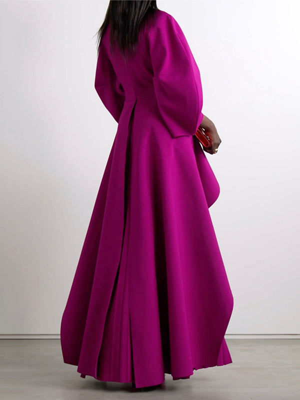 Long-sleeve loose tiered pleated round-neck maxi dress for women - 3