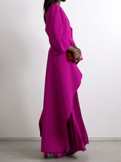 Long-sleeve loose tiered pleated round-neck maxi dress for women - 6
