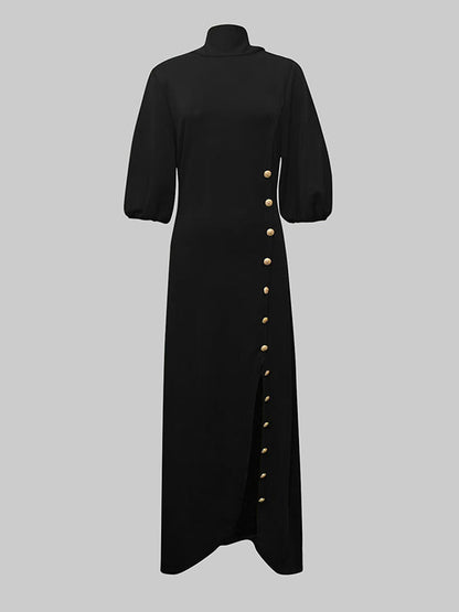 Loose puff-sleeve buttoned mock-neck maxi dress for women - 3