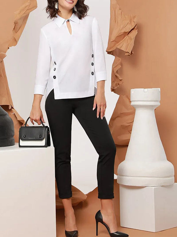 Long-sleeve hollow split-joint lapel blouse for women - 3