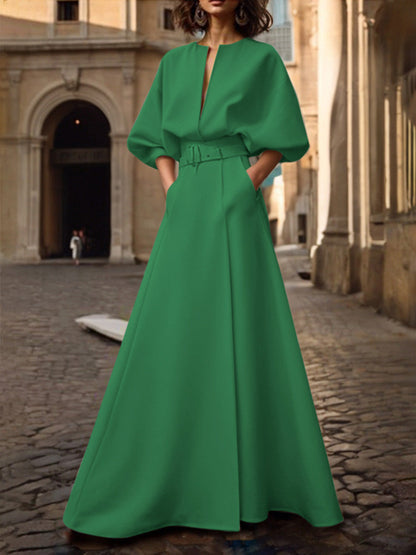 Half-sleeve loose belted deep V-neck solid maxi dress for women - 4