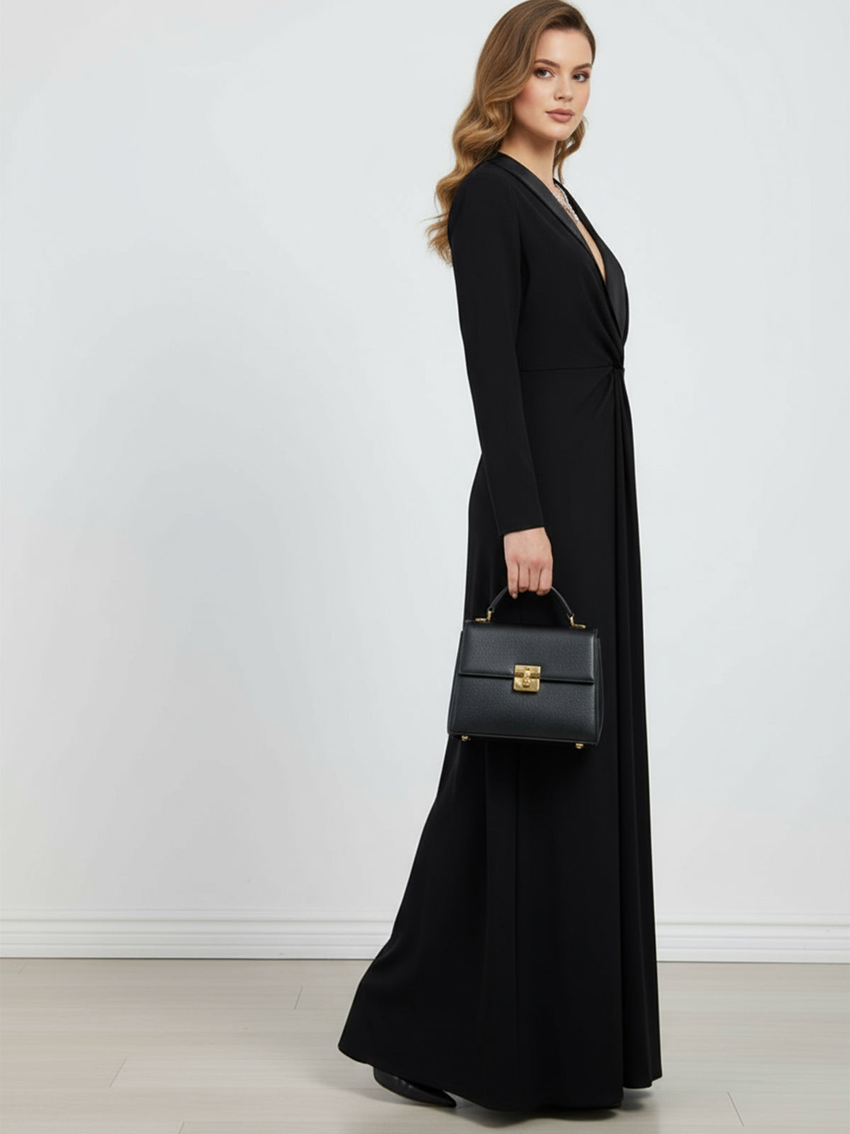 Long-sleeve skinny deep V-neck solid maxi dress for women - 4