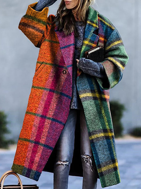 Three-quarter sleeve contrast plaid wool blend coat for women - 1