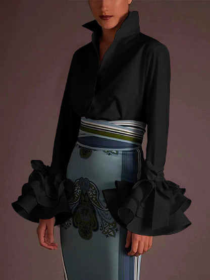 Flared-sleeve bow-embellished falbala lapel blouse for women - 3