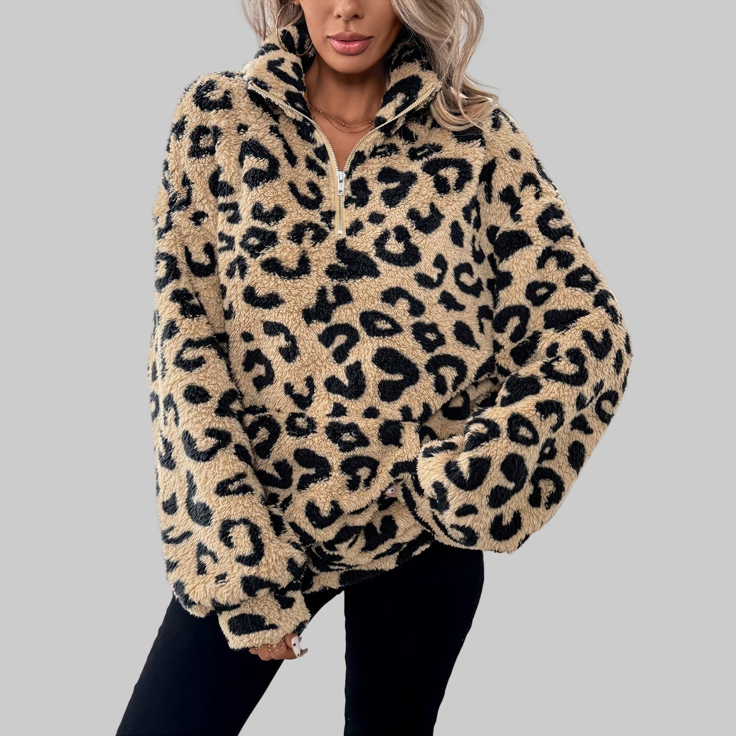 Elegant leopard print zip everyday jumper for women | Leona -1