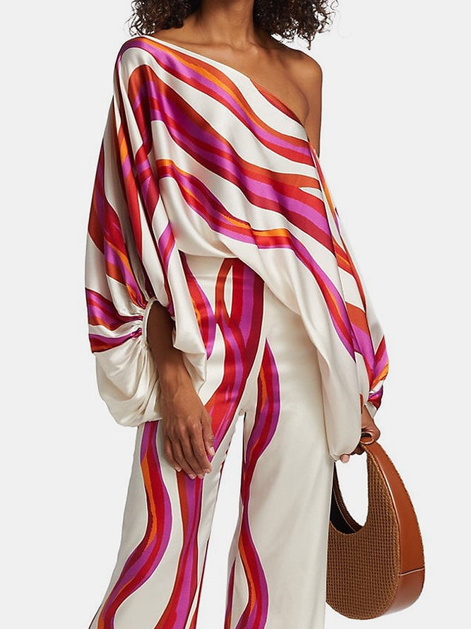 Printed off-shoulder blouse and wide-leg trousers co-ord set for women - 3
