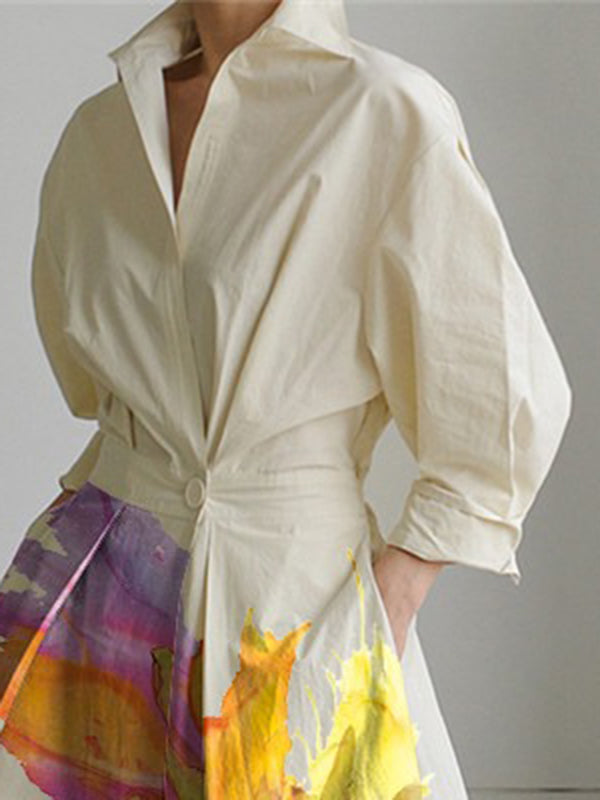 Long-sleeve floral pleated tied-waist lapel midi shirt dress for women - 3