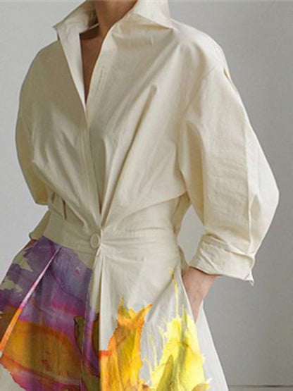 Long-sleeve floral pleated tied-waist lapel midi shirt dress for women - 3