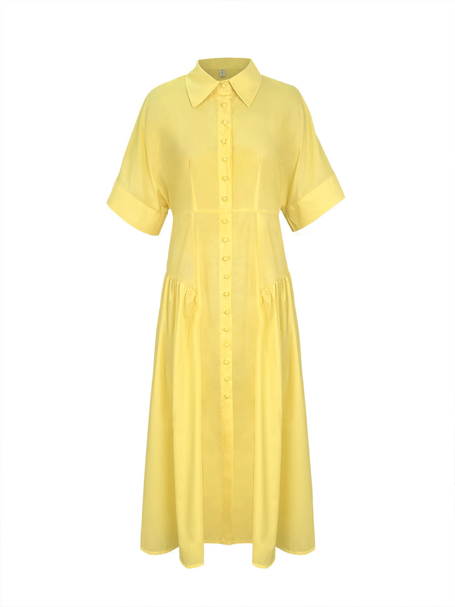 Short-sleeve loose pleated lapel midi shirt dress for women - 9