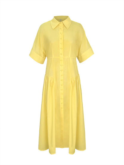 Short-sleeve loose pleated lapel midi shirt dress for women - 9