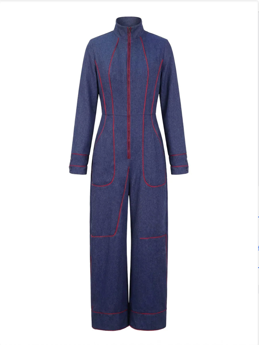 Wide-leg long-sleeve zip stand-collar jumpsuit for women - 9