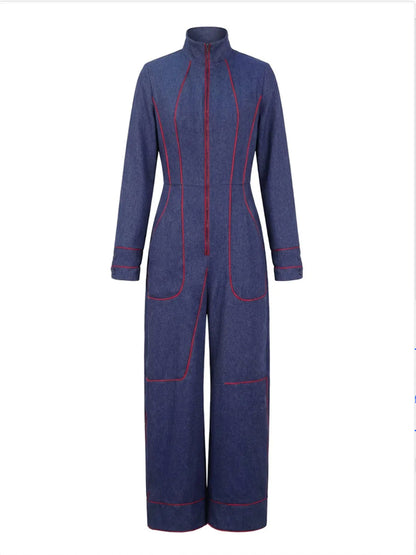 Wide-leg long-sleeve zip stand-collar jumpsuit for women - 9