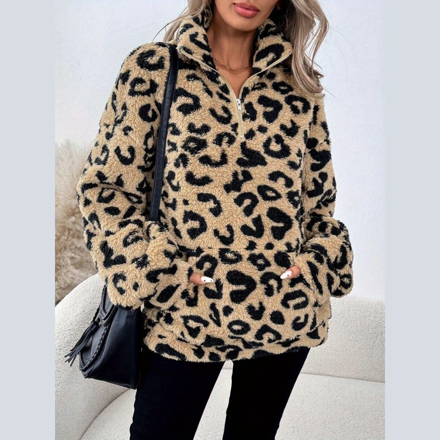 Elegant leopard print zip everyday jumper for women | Leona -4