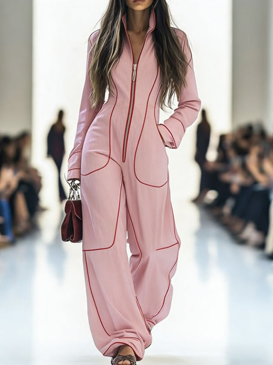 Wide-leg long-sleeve zip stand-collar jumpsuit for women - 4