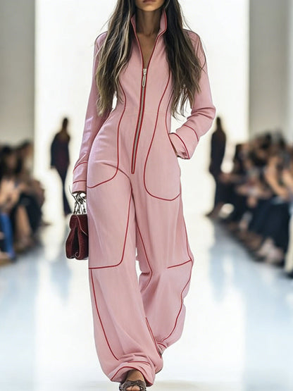 Wide-leg long-sleeve zip stand-collar jumpsuit for women - 4