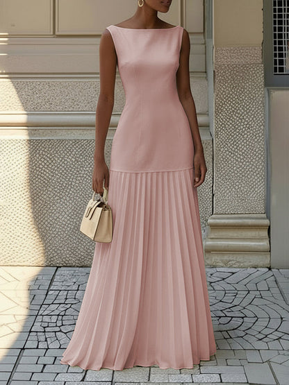 Sleeveless gauze pleated boat-neck evening maxi dress for women - 6