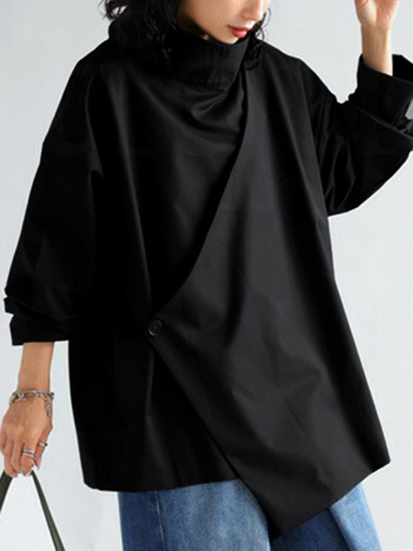 Long-sleeve loose solid high-neck everyday top for women - 2