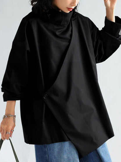 Long-sleeve loose solid high-neck everyday top for women - 2