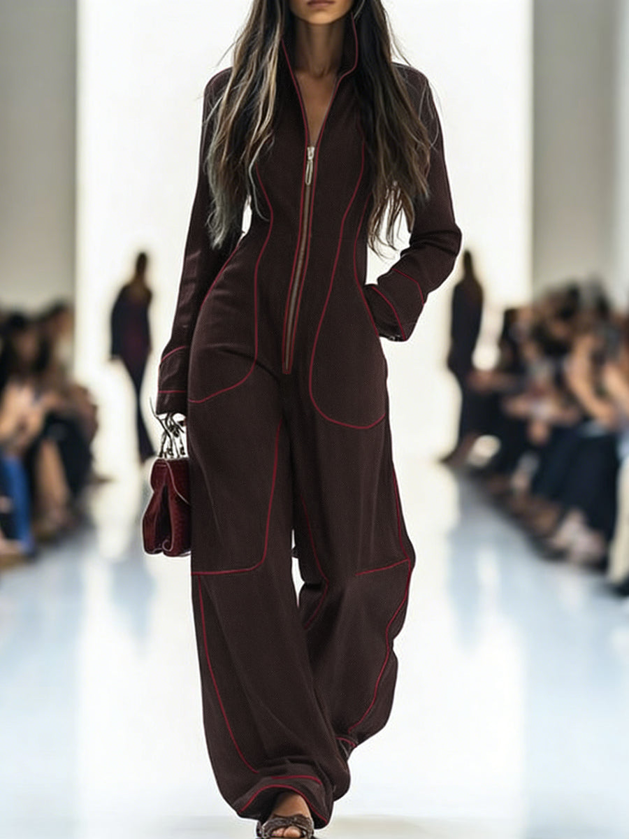 Wide-leg long-sleeve zip stand-collar jumpsuit for women - 7