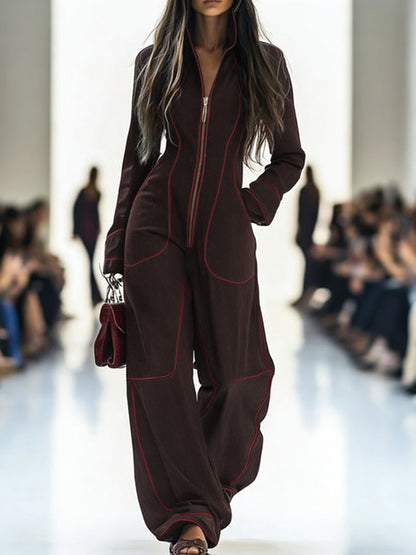 Wide-leg long-sleeve zip stand-collar jumpsuit for women - 7