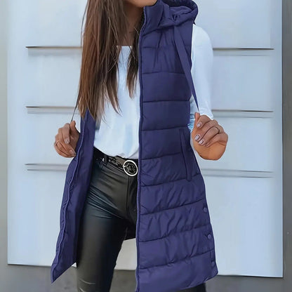 Casual Sleeveless Hooded Long Puffer Vest Stylish For Women | Elowise