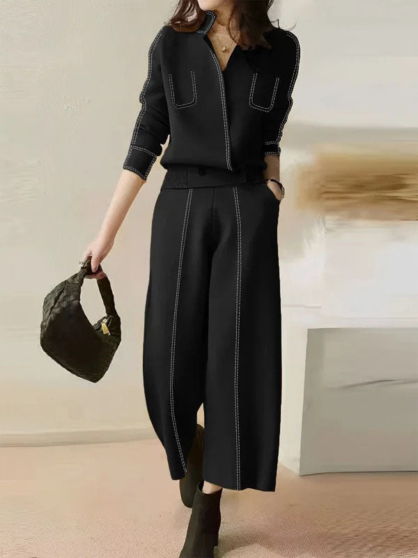 Long-sleeve loose V-neck split-joint cardigan top for women - 2