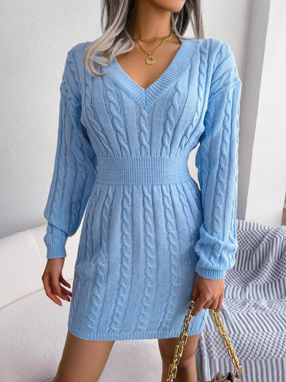Cozy Long Sleeve V Neck Sweater Dress Chic For Women | Mirevalda
