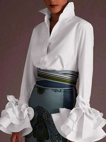 Flared-sleeve bow-embellished falbala lapel blouse for women - 1