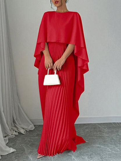 Cape high-low pleated round-neck evening maxi dress for women - 6