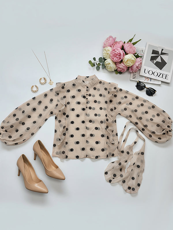 Long-sleeve loose polka-dot ruffle V-neck blouse for women - 5