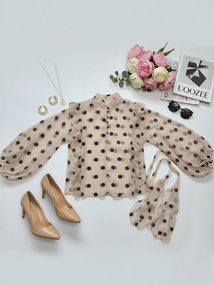 Long-sleeve loose polka-dot ruffle V-neck blouse for women - 5