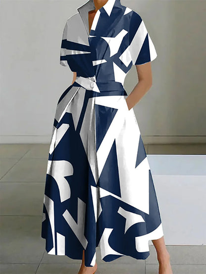 Short-sleeve printed lapel maxi dress for women - 1