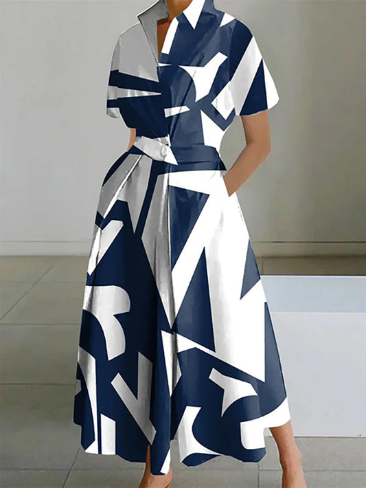 Short-sleeve printed lapel maxi dress for women - 1