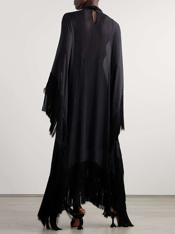 Batwing-sleeve loose tassel mock-neck maxi dress for women - 2