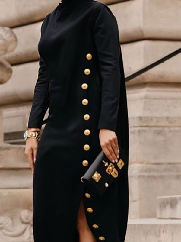 Long-sleeve loose asymmetric split-side mock-neck maxi dress for women - 2