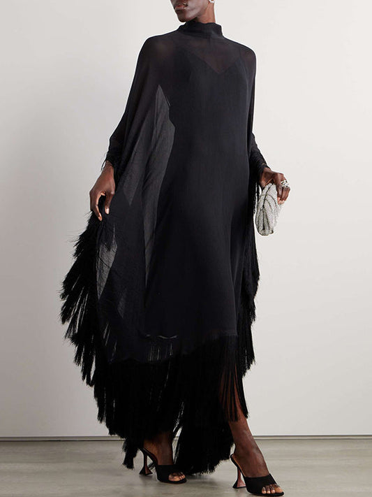 Batwing-sleeve loose tassel mock-neck maxi dress for women - 1