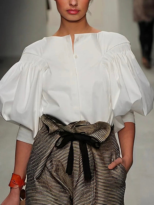 Puff-sleeve buttoned solid-colour blouse for women - 6