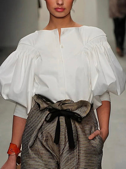Puff-sleeve buttoned solid-colour blouse for women - 6