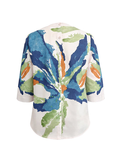 Half-sleeve contrast flower print round-neck top for women - 4