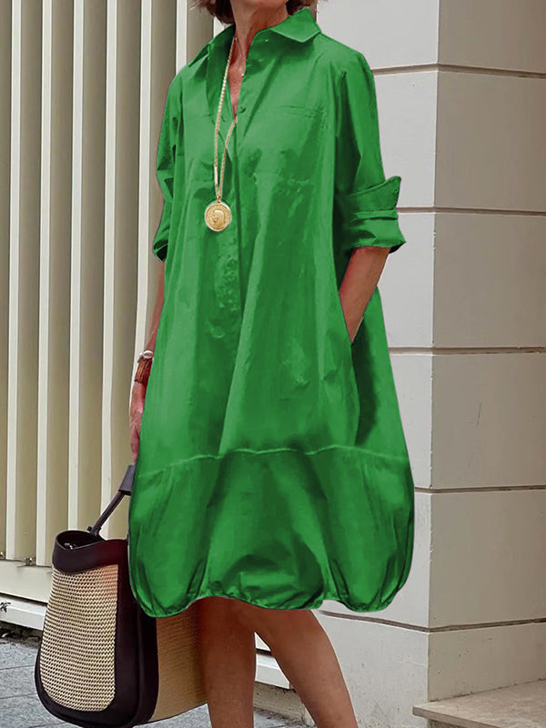Long-sleeve loose solid lapel collar midi shirt dress for women - 2