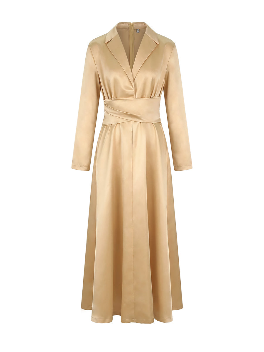 A-line high-waist pleated V-neck solid maxi dress for women - 9